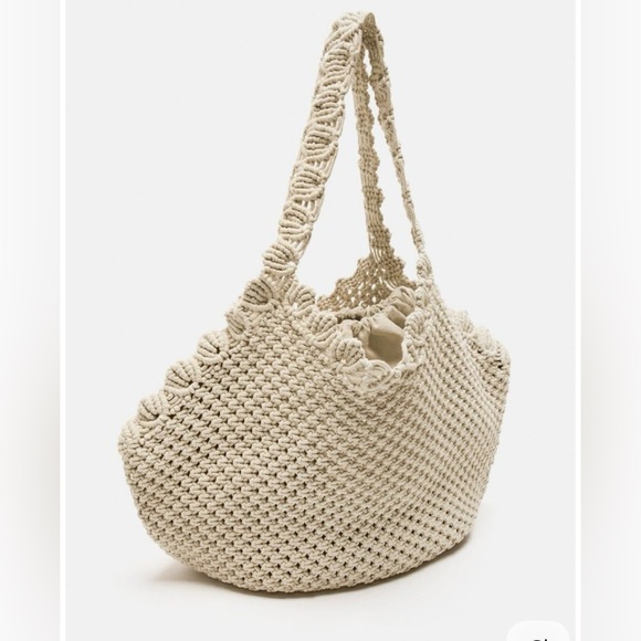 Zara Handbags - Zara • Women’s Macrame Tan Knit Tote Shoulder Boho Beach Bag NWT